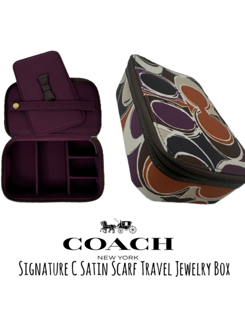Coach Ashley Travel Jewelry Box Satin Silk Scarf Material Purple Optic  C 60990
